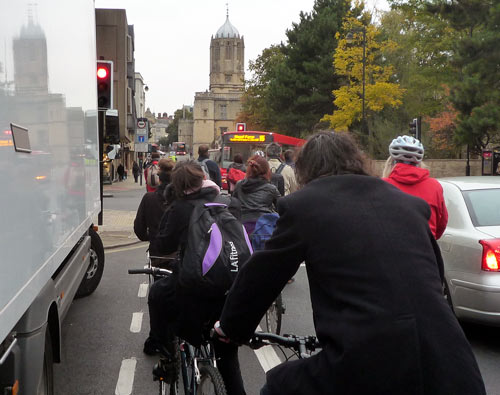 It's busy at these Lights, cyclists waiting